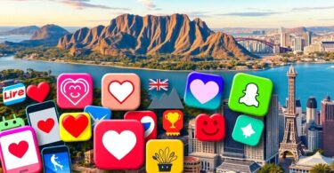 Collage of dating app icons with Australian landmarks background.