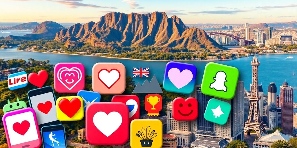 Collage of dating app icons with Australian landmarks background.