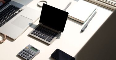 Workspace with laptop and stationery for finance management.