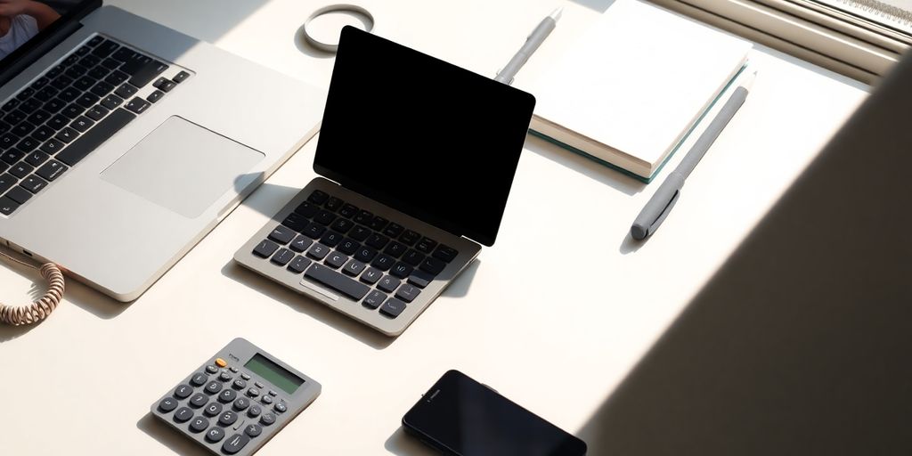 Workspace with laptop and stationery for finance management.