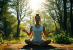 Meditative figure in nature promoting holistic wellness.