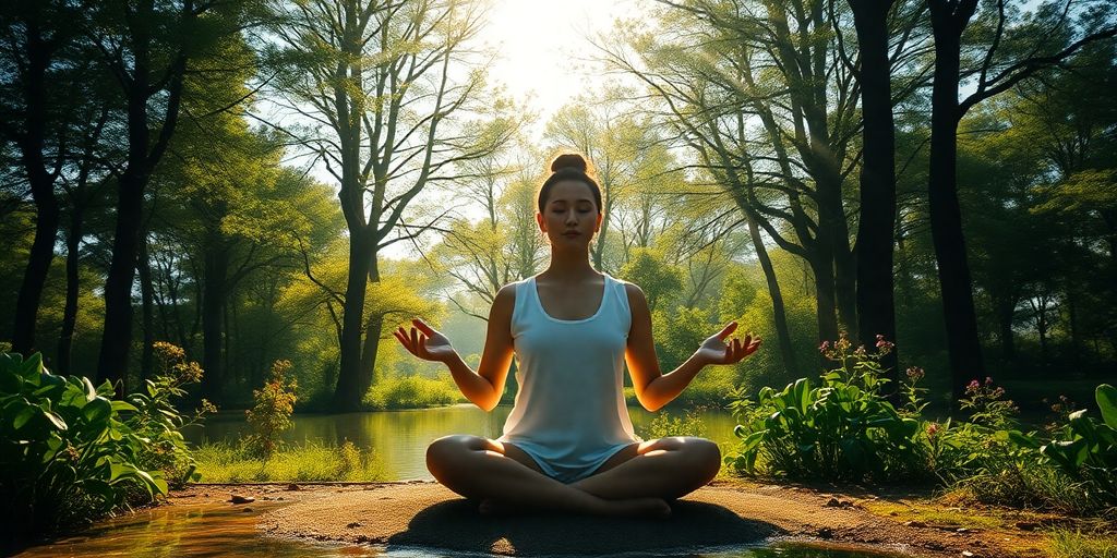 Meditative figure in nature promoting holistic wellness.
