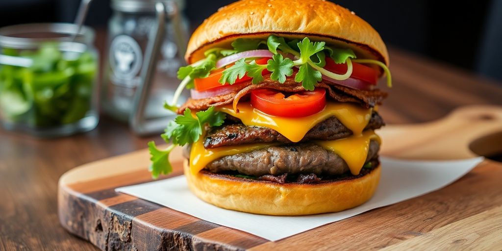 Gourmet burger with fresh ingredients on wooden board.