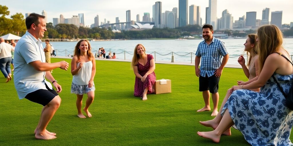 Group enjoying barefoot bowls on a sunny Sydney day.