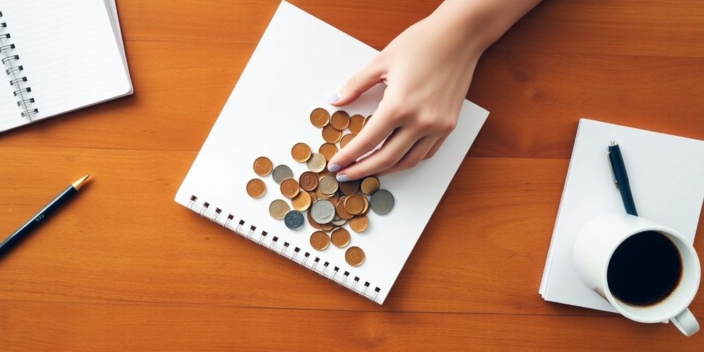 Person counting coins with notebook and coffee in Australia.