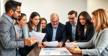 Business team discussing activity-based budgeting in a modern office.