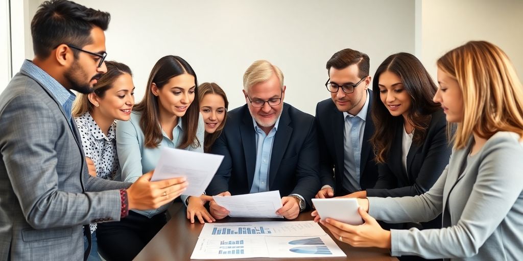 Business team discussing activity-based budgeting in a modern office.