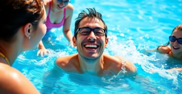 Adult swimming lesson in sunny blue pool with instructors.