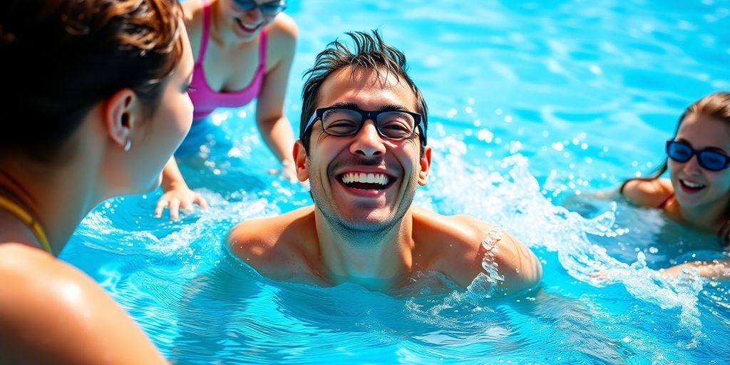 Adult swimming lesson in sunny blue pool with instructors.