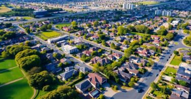 Melbourne suburban landscape with homes and greenery.