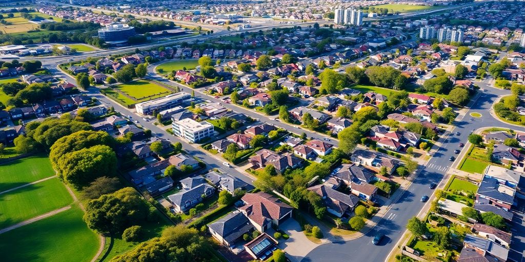 Melbourne suburban landscape with homes and greenery.