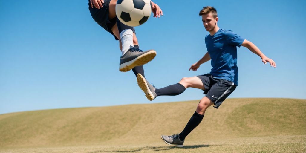 Player juggling a soccer ball on a grassy field.