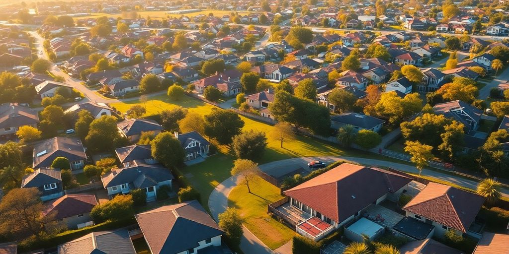 Aerial view of Australian suburb with homes and parks.