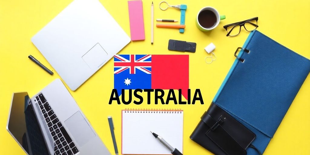 Flat lay of business tools for small startups in Australia.