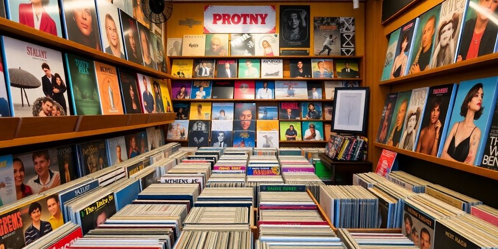 Colorful vinyl records in a Sydney record shop.