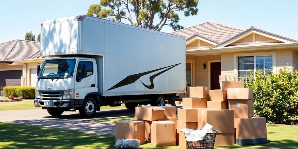 Moving truck parked outside a suburban Australian home.