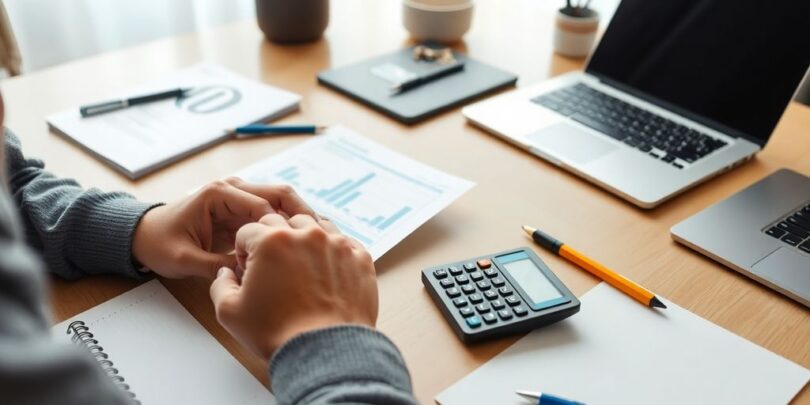 Person budgeting in home office setting with financial tools.