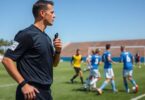 Soccer referee in action during a match on field.