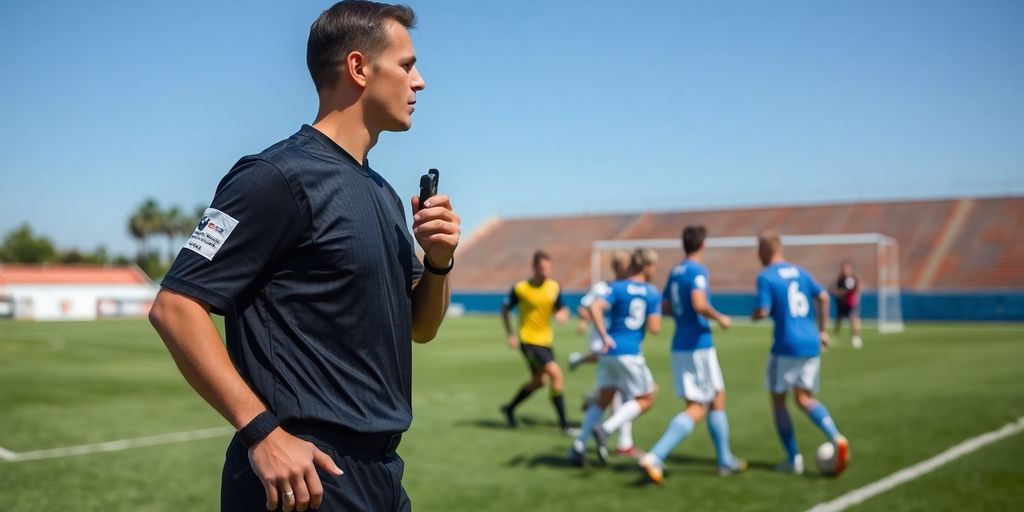 Soccer referee in action during a match on field.