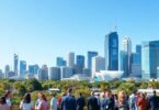 Modern Australian cityscape with greenery and entrepreneurial activities.