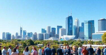 Modern Australian cityscape with greenery and entrepreneurial activities.