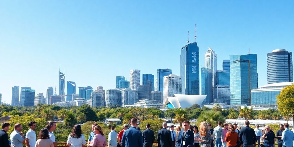 Modern Australian cityscape with greenery and entrepreneurial activities.