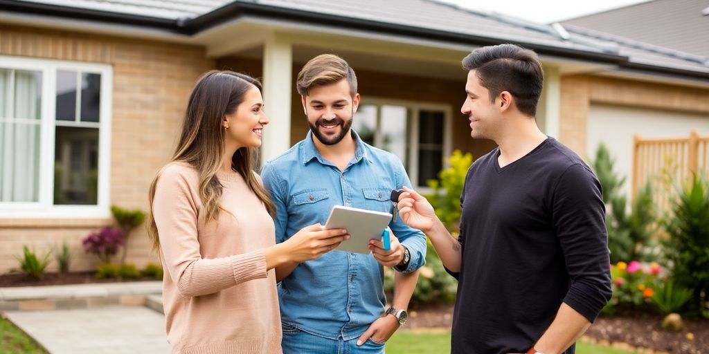 Young couple with keys in front of their new home.