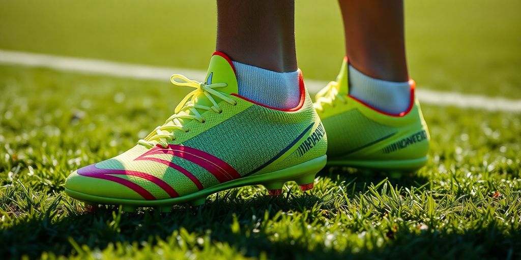 Lace-free soccer boots on a grassy field.