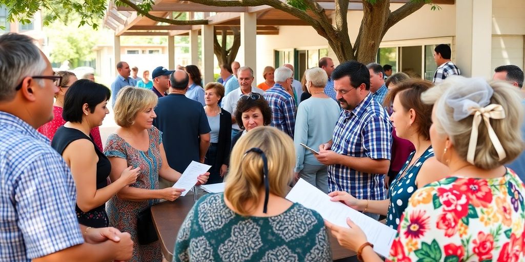 Community members discussing budget ideas in an outdoor setting.