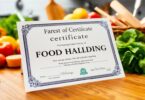 Food handling certificate with fresh produce and kitchen tools.