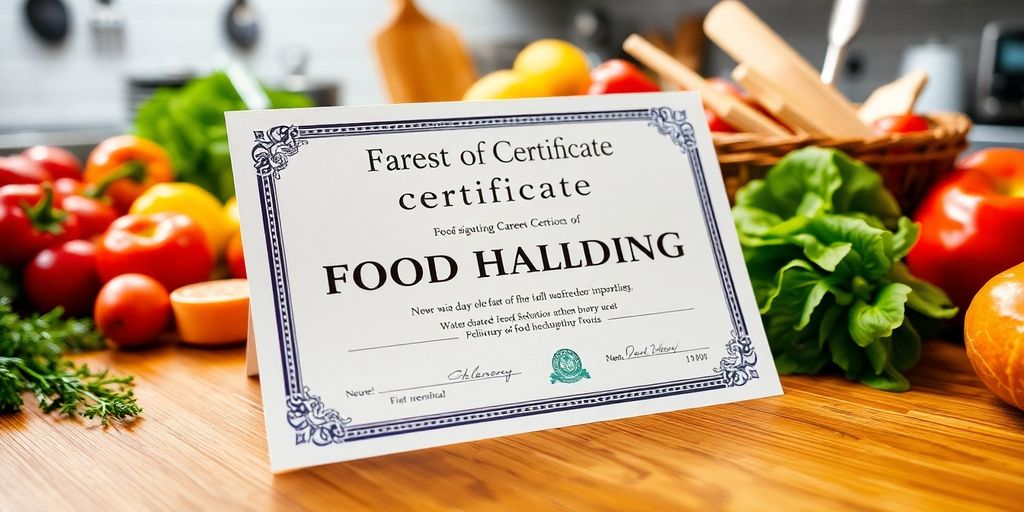 Food handling certificate with fresh produce and kitchen tools.