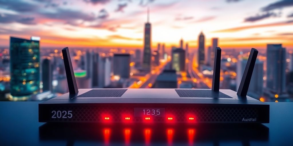 Router with lights in front of Australian city skyline.