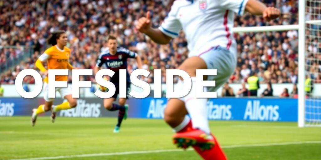 Soccer players in action during an offside situation.