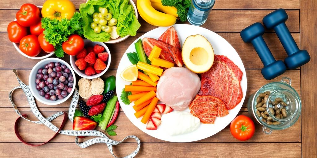 Fresh healthy meal with weights and water bottle.