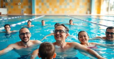 Adults enjoying swimming lessons in a bright pool.