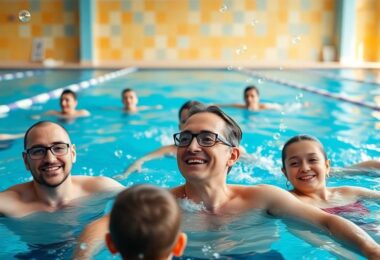 Adults enjoying swimming lessons in a bright pool.