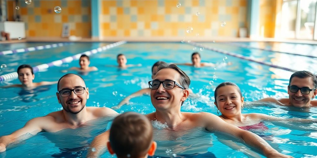 Adults enjoying swimming lessons in a bright pool.