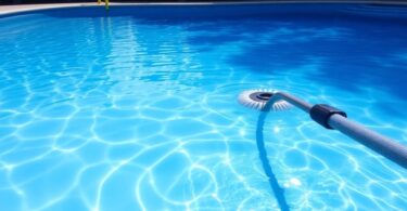 Pool vacuuming equipment in a sparkling blue pool.