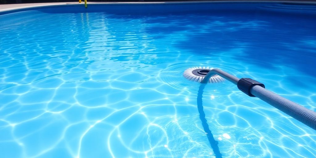 Pool vacuuming equipment in a sparkling blue pool.