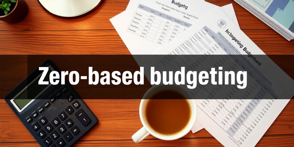 Calculator and budgeting sheets on a wooden desk.