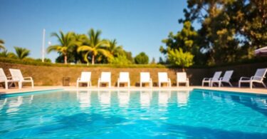 Clear swimming pool with bright blue water and deck chairs.