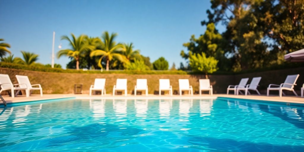 Clear swimming pool with bright blue water and deck chairs.