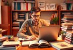 Person at desk blogging with financial books and laptop.