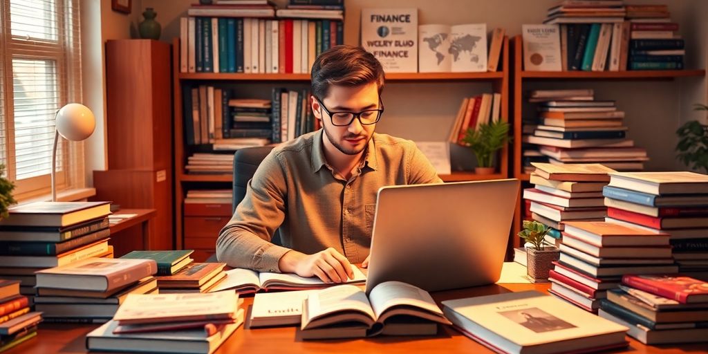 Person at desk blogging with financial books and laptop.