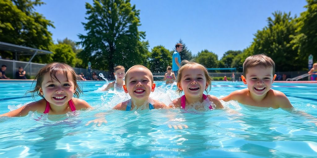 Kids splashing, Musgrave Park pool, sunny day.