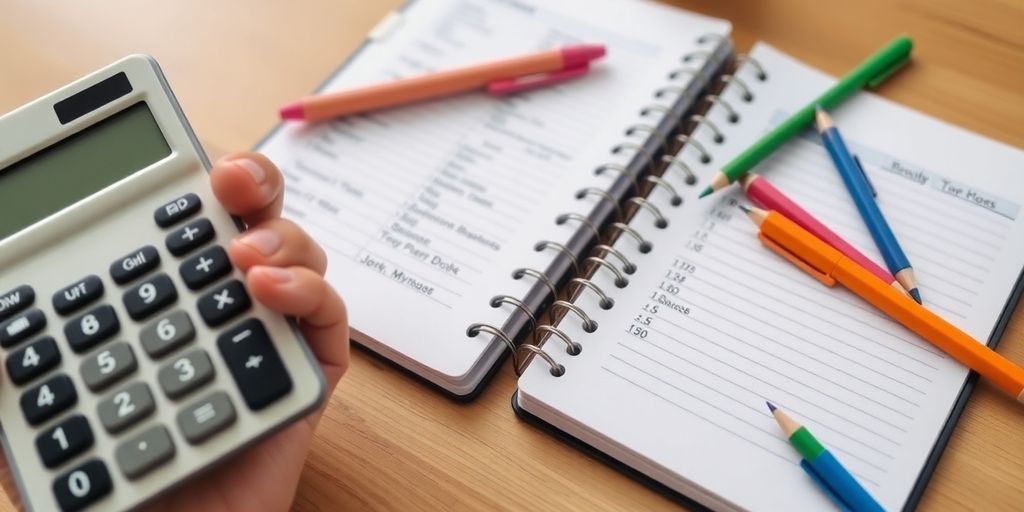 Hand with calculator and budgeting notes on wooden table.