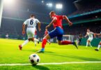 Soccer players on field illustrating offside play.