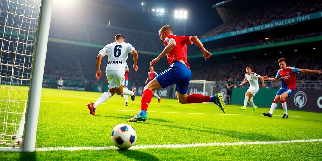 Soccer players on field illustrating offside play.