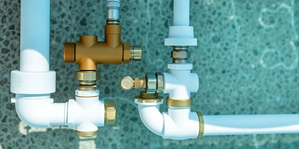 Close-up of swimming pool plumbing system and components.