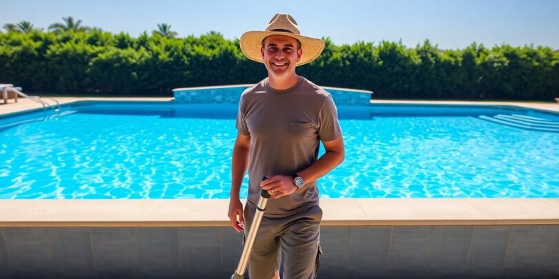 Bloke vacuuming pool, true blue Aussie style, mate.